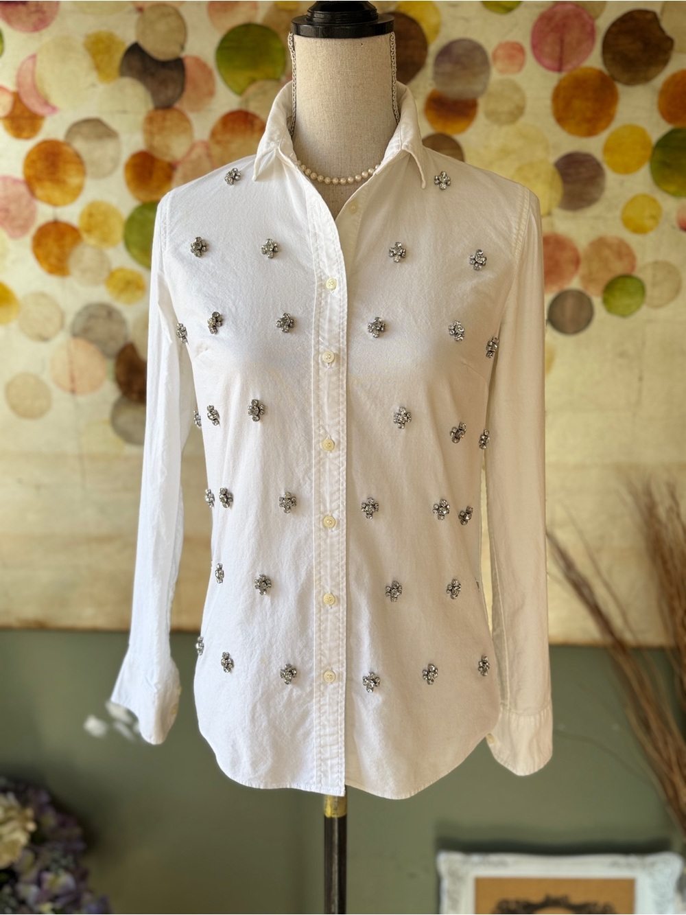 J.crew Embellished White Button-Down Blouse with Crystal Jewel